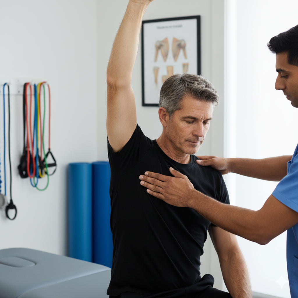 A patient receiving frozen shoulder treatment at a physiotherapy clinic in Lucknow